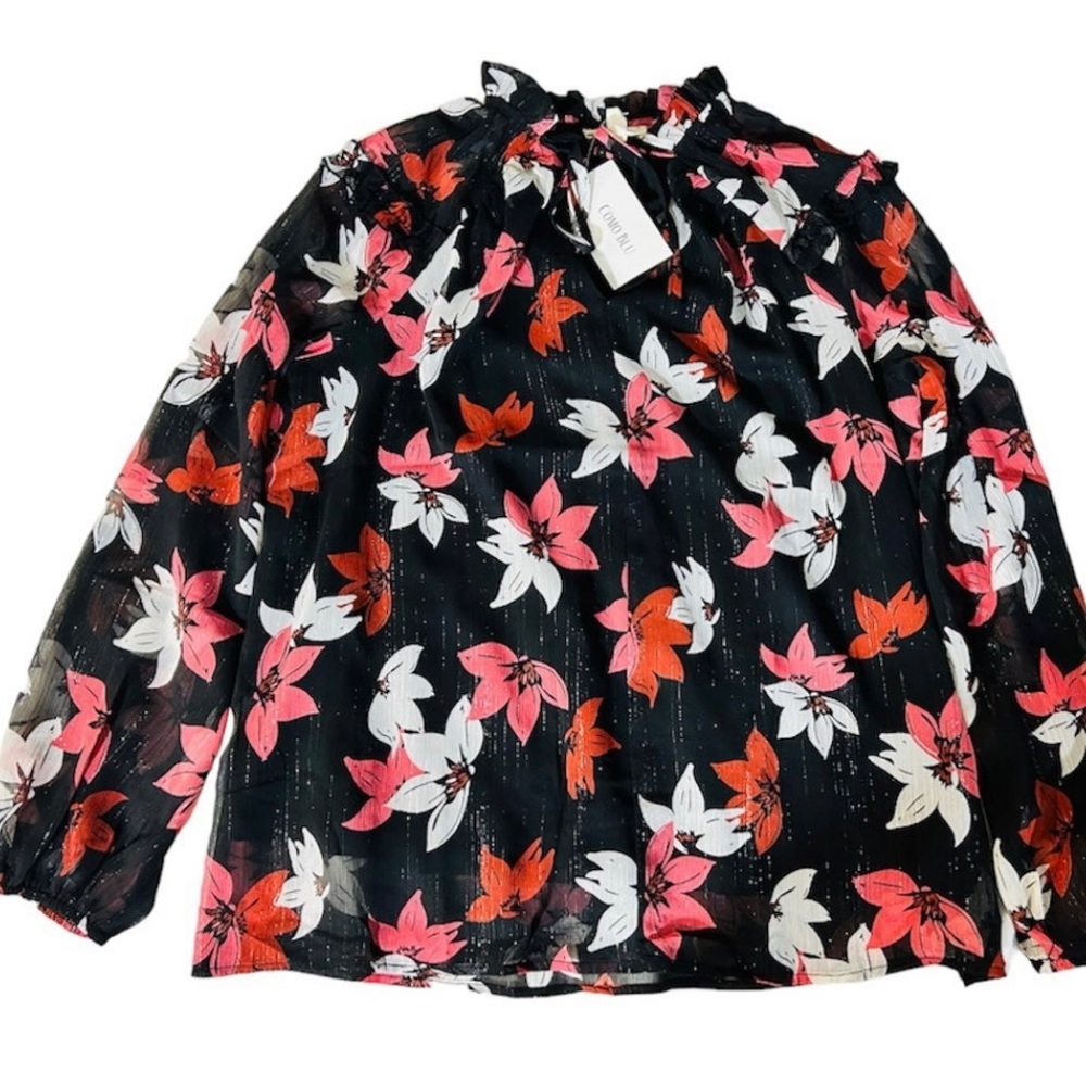Como Blu Floral Long Sleeve Sheer Lined Blouse Black Size Medium NWT